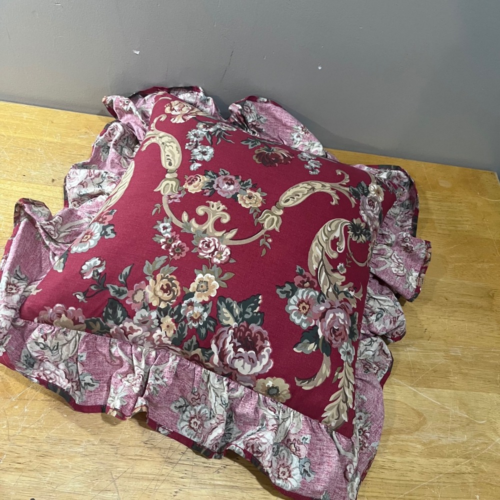 Vtg Ralph Lauren Danielle Marseille Burgundy Floral Ruffled Throw Pillow 20x20 - Picture 3 of 8